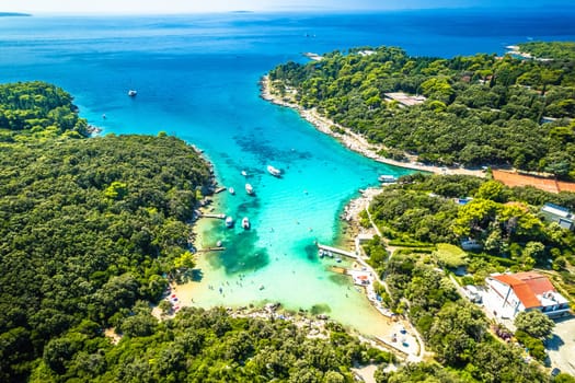 Island of Rab idyllic turquoise bay aerial view, Adriatic archipelago of Croatia