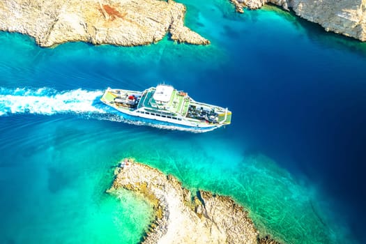 Rab island ferry boat in narrow stone desert passage aerial view, Adriatic archipelago of Croatia