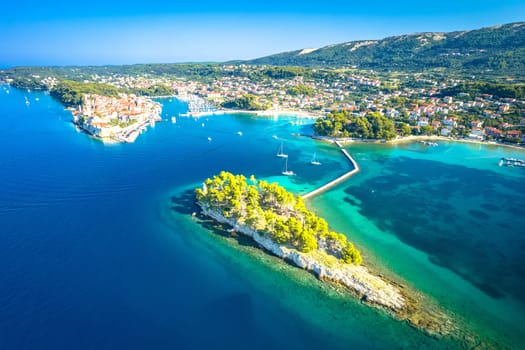 Saint Juraj islet and historic town of Rab aerial view, Island of Rab, archipelago of Croatia