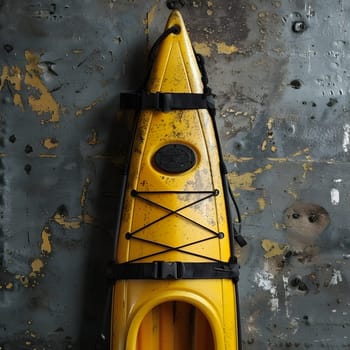 A bright yellow kayak rests against a symmetrical gray wall, contrasting with the asphalt ground. The sleek triangle shape of the kayak leans near a tower, creating a stunning visual composition