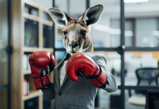 A Kangaroo with boxing gloves in a business suit, standing confidently in a bustling corporate office,.