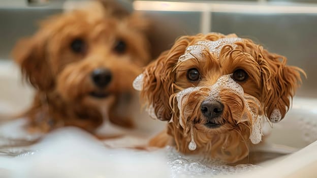 Relaxing Poodle Dog in Spa Studio. pet relax concept..