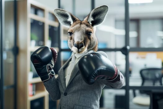 A Kangaroo with boxing gloves in a business suit, standing confidently in a bustling corporate office,.