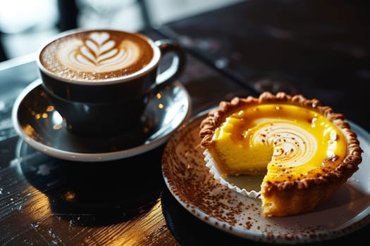 Hong Kong Egg Tart with hot coffee in cafe..