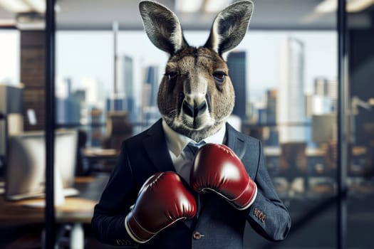 A Kangaroo with boxing gloves in a business suit, standing confidently in a bustling corporate office,.