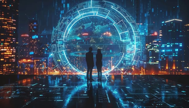 A couple standing in front of a large blue circle by AI generated image.