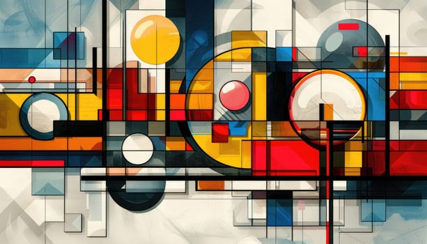 A colorful abstract painting with many different shapes and colors by AI generated image.