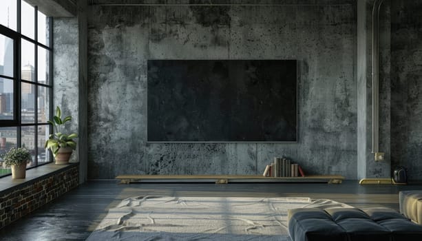 A black television is on a wall in a room with a large window by AI generated image.