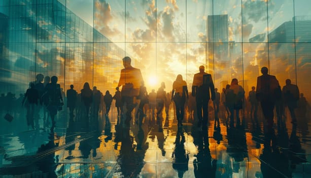 A group of people walking in a city at sunset by AI generated image.