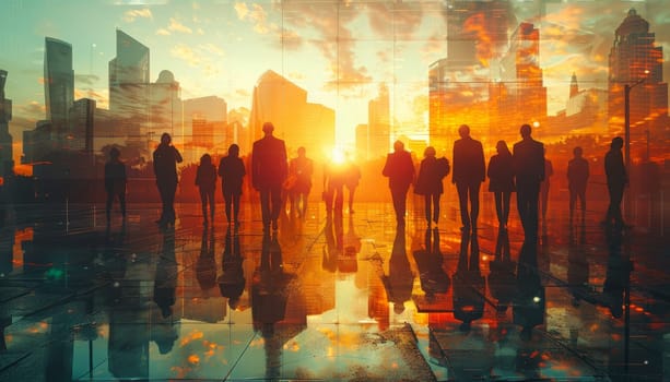 A group of people walking in a city at sunset by AI generated image.