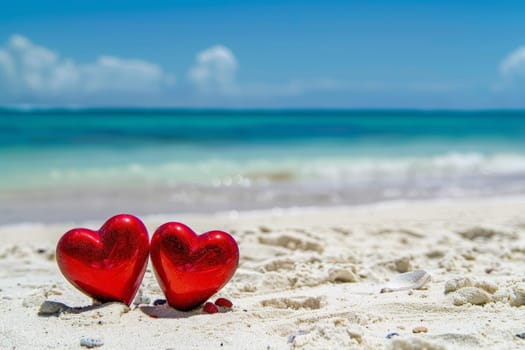 love two red hearts on the beach, AI generated.