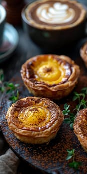 Hong Kong Egg Tart with hot coffee in cafe..