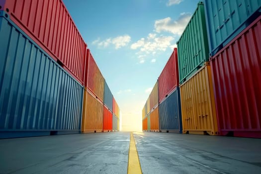 Rows of shipping containers in different colors. Transport business. Logistics import and export of goods..