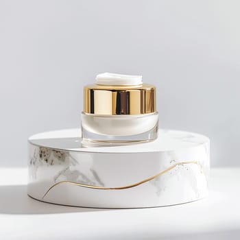Face cream in a glass jar on a white and gold background. Skin care concept. Backdrop for beauty cosmetic products
