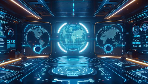 A futuristic room with a large screen showing a globe and a few other screens by AI generated image.