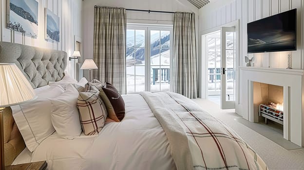 Beautiful interior of luxury bedroom with window sea view. Coastal cottage concept. High quality photo