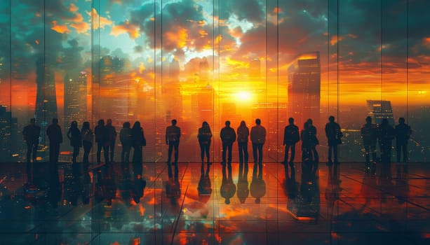 A group of people walking in a city at sunset by AI generated image.