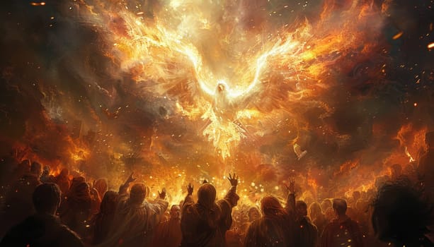 A painting of a large golden bird with flames surrounding it by AI generated image.