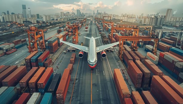 A white airplane is parked on a runway next to a row of red shipping containers by AI generated image.