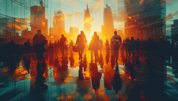 A group of people walking in a city at sunset by AI generated image.