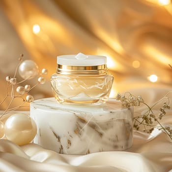 Face cream in a glass jar on a white and gold background. Skin care concept. Backdrop for beauty cosmetic products