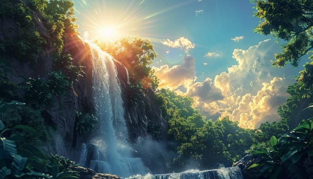 A beautiful waterfall is surrounded by trees by AI generated image.