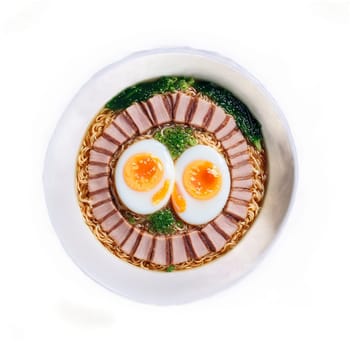 Ramen bowl mandala a steaming mandala of ramen noodle soup with pork belly and soft. Food isolated on transparent background.