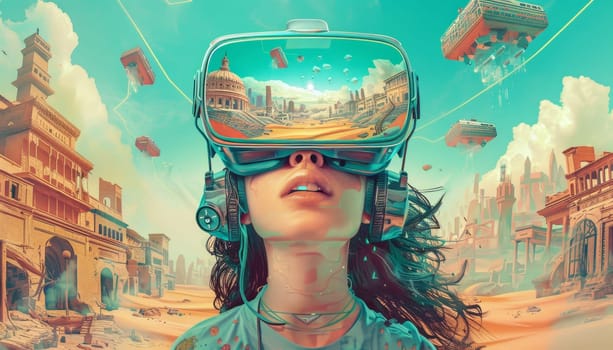 Surreal digital collage of VR experience with landmarks, Concept of virtual reality and imagination by AI generated image.