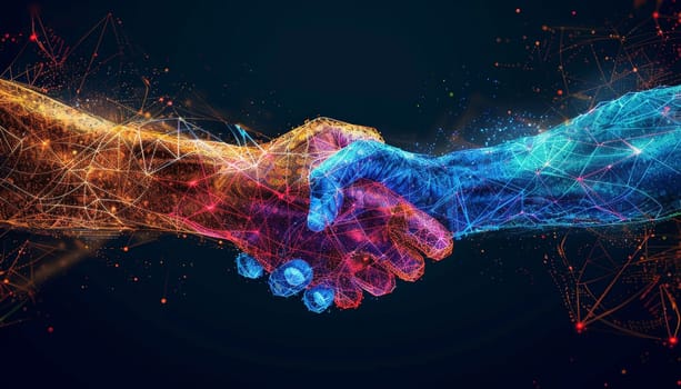 A hand is shaking another hand in a colorful, abstract design by AI generated image.