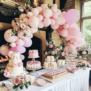 Birthday table decoration with sweets, flowers, candles and pink balloons. Selective focus