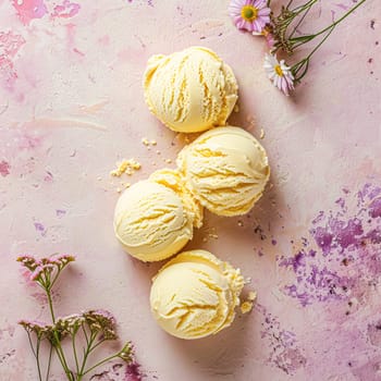 Scoops of ice cream on a colorful background