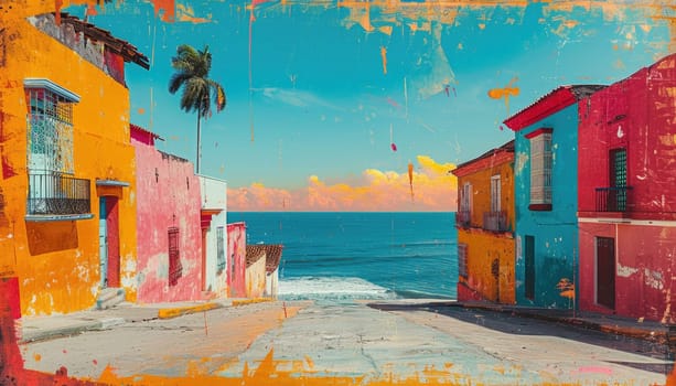 A colorful street with a blue ocean in the background by AI generated image.