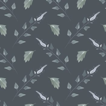 Flowering twigs and leaves of mint or lemon balm in a dusty green color in sketch style. Seamless watercolor pattern for fabric, wallpaper, wrapping paper, packaging cosmetics, tablecloths, curtains and home textiles