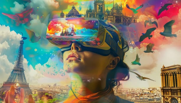 Surreal digital collage of VR experience with landmarks, Concept of virtual reality and imagination by AI generated image.