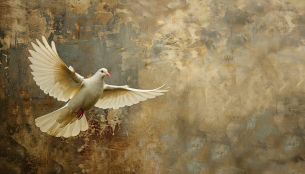 A white dove is flying in the sky by AI generated image.