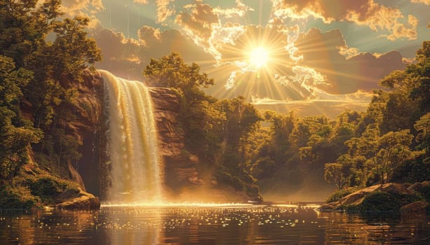 A beautiful waterfall is surrounded by trees by AI generated image.