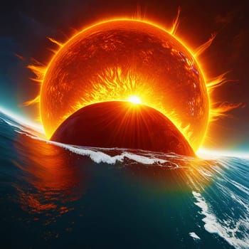 A huge hot sun over the ocean. Global warming. Boiling ocean and sea. Summer heat