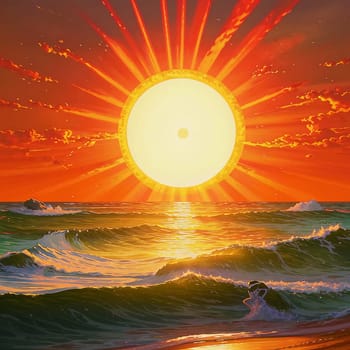 A huge hot sun over the ocean. Global warming. Boiling ocean and sea. Summer heat