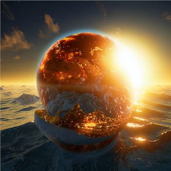 A huge hot sun over the ocean. Global warming. Boiling ocean and sea. Summer heat