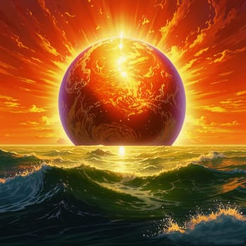 A huge hot sun over the ocean. Global warming. Boiling ocean and sea. Summer heat