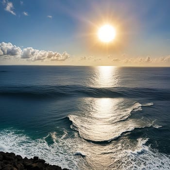 Hot summer sun over the sea. Sunset. High quality photo. Sunset over the water. Dawn. Sun over the ocean. Beach. Summer vacation