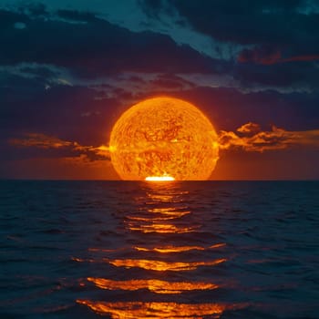 Huge hot sun over the water. High quality photo. Global warming. Boiling sea and ocean