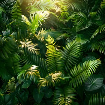 The sun is filtering through the leaves of the ferns, creating a beautiful display of light and shadow in the plant community