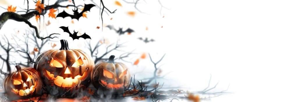 Eerie Halloween banner with glowing jack-o'-lanterns, flying bats, and scattered leaves against a mystical white backdrop, offering ample copy space for your spooky message. Generative AI