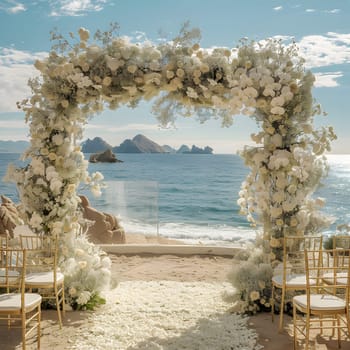 A beach wedding arch adorned with white flowers, set against the backdrop of the sparkling ocean, clear sky, and fluffy clouds in a stunning natural coastal landscape