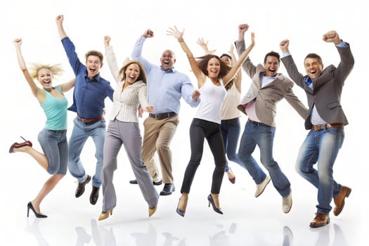 Happy people jumping in air over white background. Happiness, freedom, motion and diversity concept. A sense of motion and energy, with dynamic poses and expressions of determination and joy. Ai generated image.