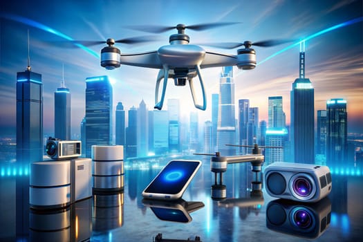 Futuristic devices and gadgets, like drones, smart assistants, and wearable tech on megapolis background. Ai generated image