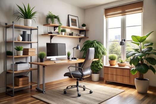 Interior of home office with workplace, shelves and green houseplants. Ai generated image