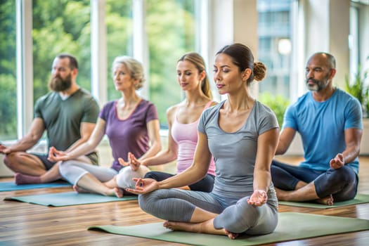 Group of focused seniors practicing yoga. Men and women aligned in meditation pose with eyes closed and peaceful expressions, people meditating indoors. Ai generated image