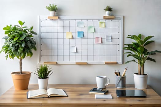 Office workspace. Office desk with house plants, calendar, planner, tablet and cup. Ai generated image